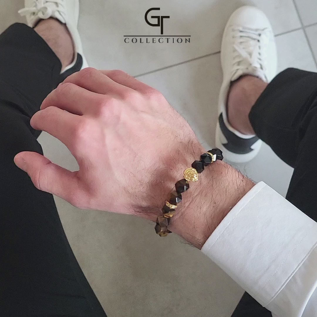 Men's TIGER EYE, ONYX Bracelet with Golden LION Head – GT collection