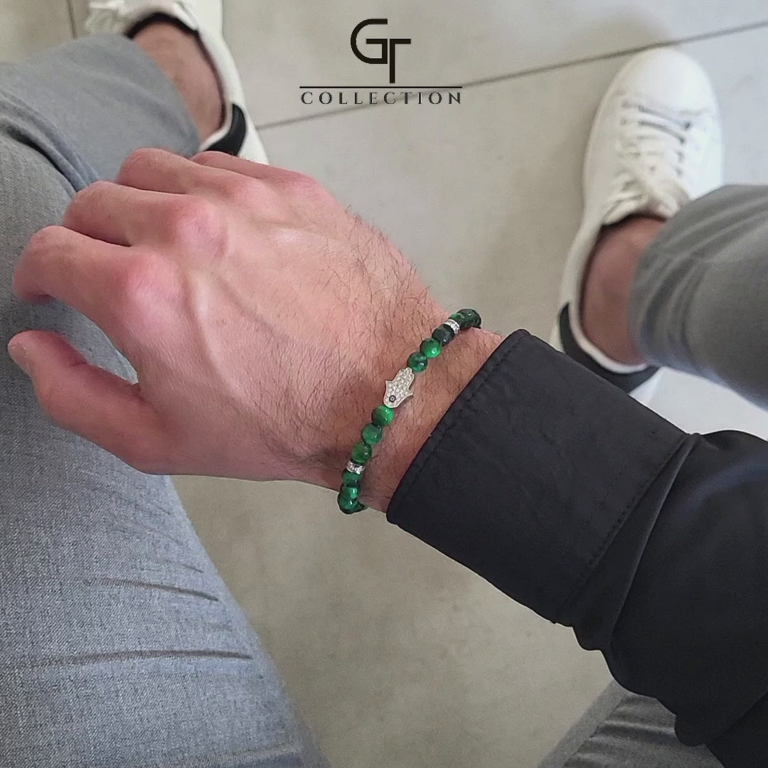 Men's GREEN TIGER EYE Bracelet with Silver HAMSA Hand – GT collection