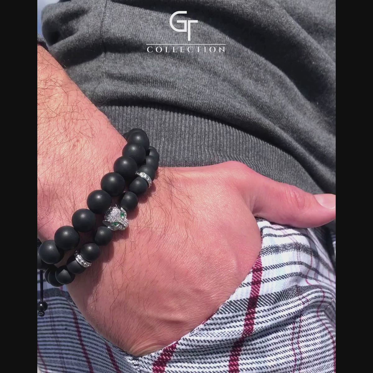 Bracciale da uomo in ONICE NERO con testa LEOPARDO in argento