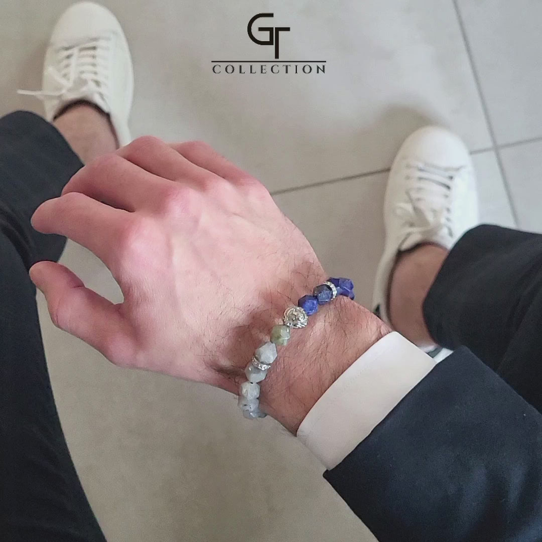 Bracelet homme en lapis lazuli et labradorite avec tête de lion en argent