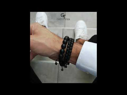 2-teiliges Set – Herren-Armband aus schwarzem Onyx mit Einzelperlen und Doppelperlen-Armband