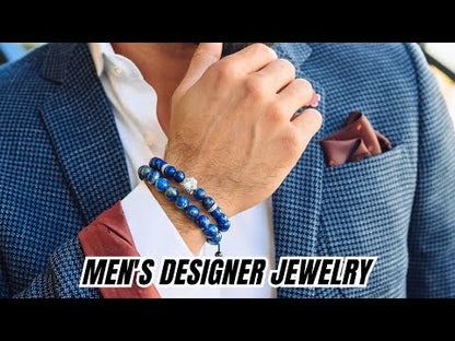 Pulsera de LAPISLÁZULI para hombre con cabeza de LEOPARDO plateada