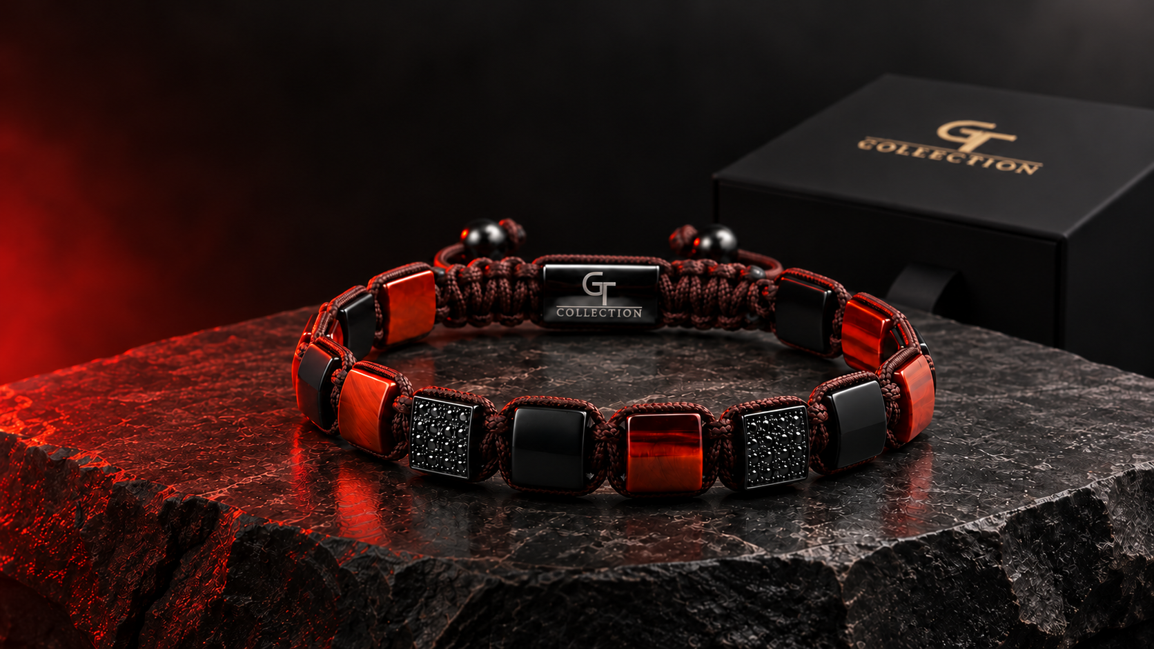 Red Tiger Eye and Black Onyx flat bead bracelet for men with GT Collection gift box