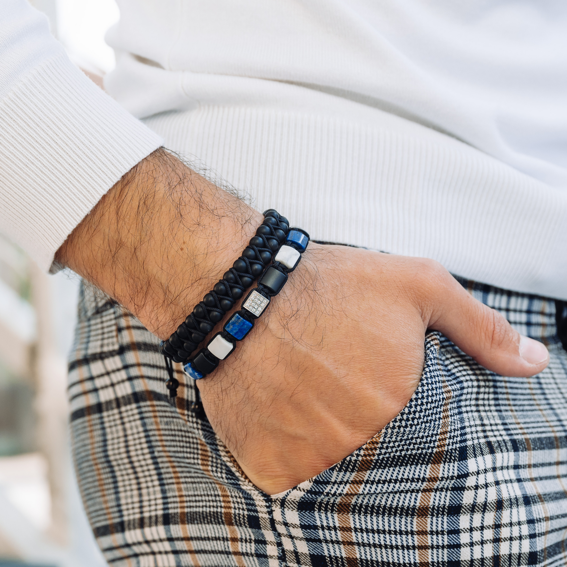 2 PIECE SET - Men's HOWLITE Single Bead Bracelet And Flatbead Bracelet