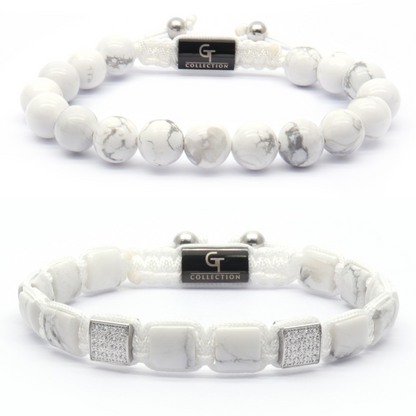 ENSEMBLE 2 PIÈCES - Bracelet à perles simples HOWLITE et bracelet à perles plates pour hommes
