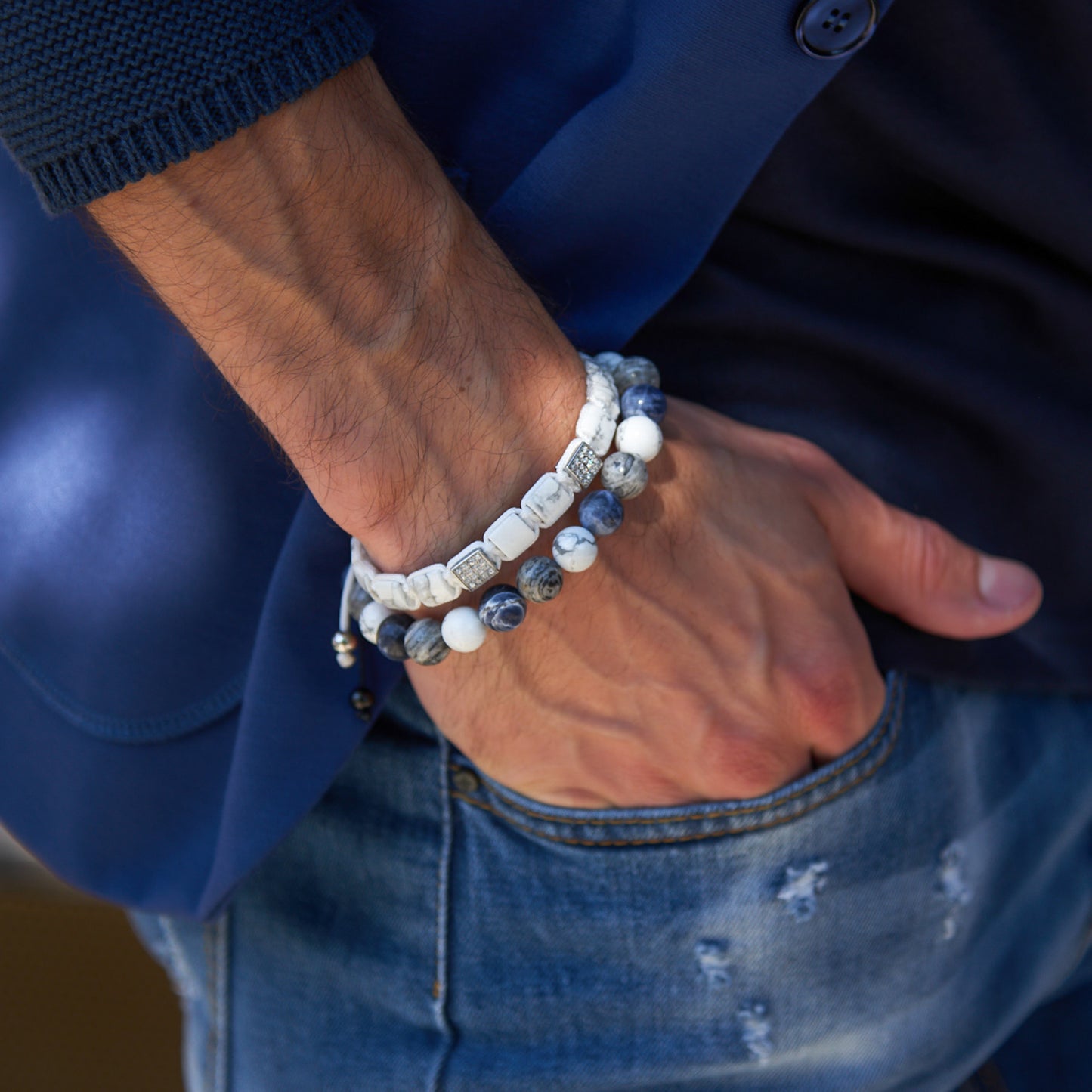 ENSEMBLE 2 PIÈCES - Bracelet à perles simples SODALITE et bracelet à perles plates pour hommes