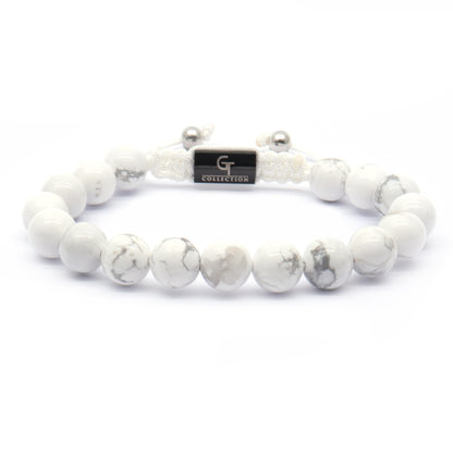 2 PIECE SET - Men's WHITE HOWLITE Single Bead Bracelet And Silver LEOPARD Head Bracelet