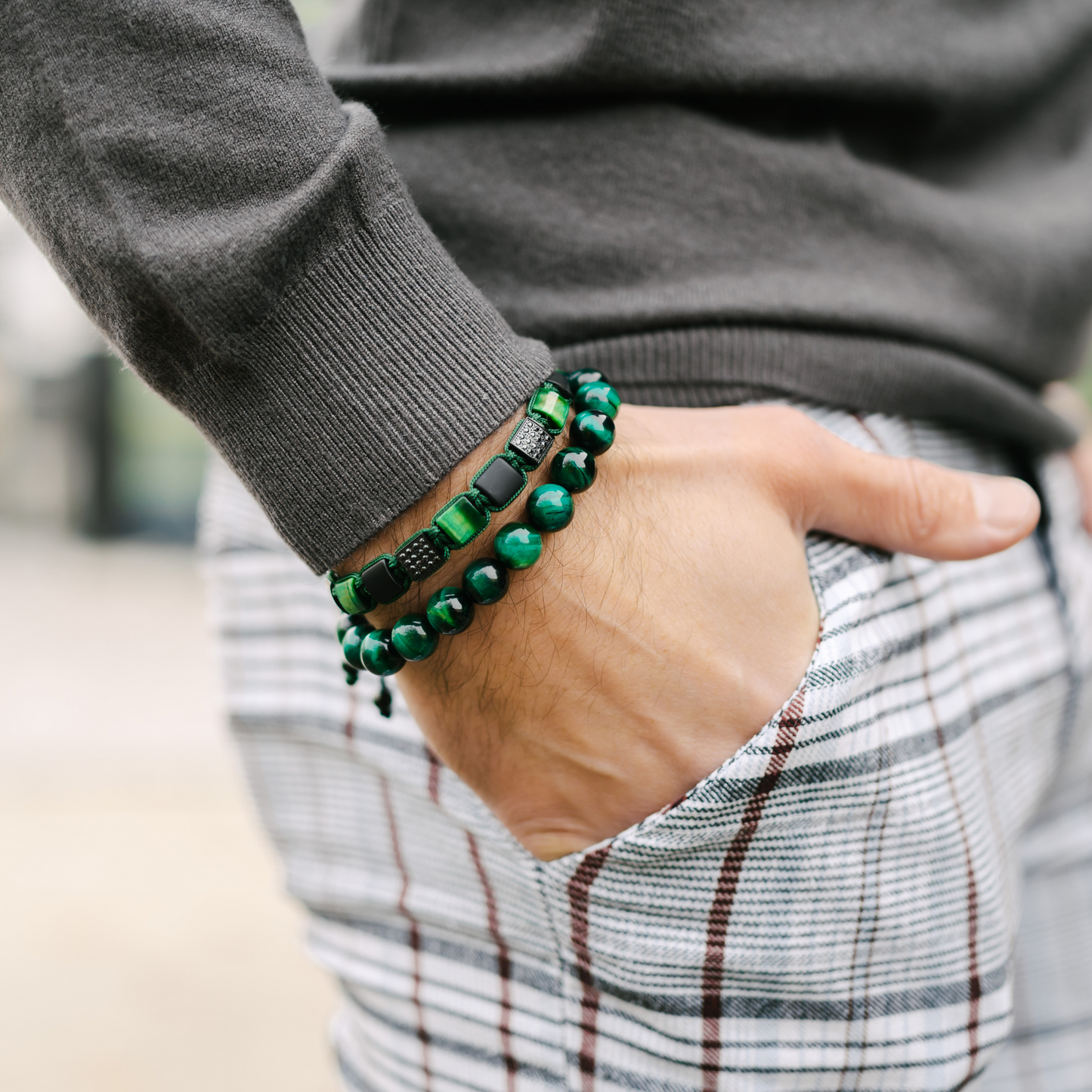 Men's GREEN TIGER EYE Beaded Bracelet - One Size Fits All