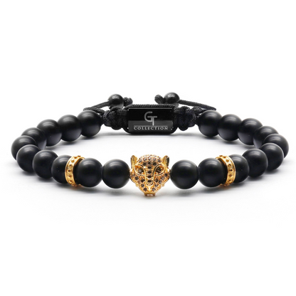 Men s BLACK ONYX Bracelet With Golden LEOPARD Head One Size Fits