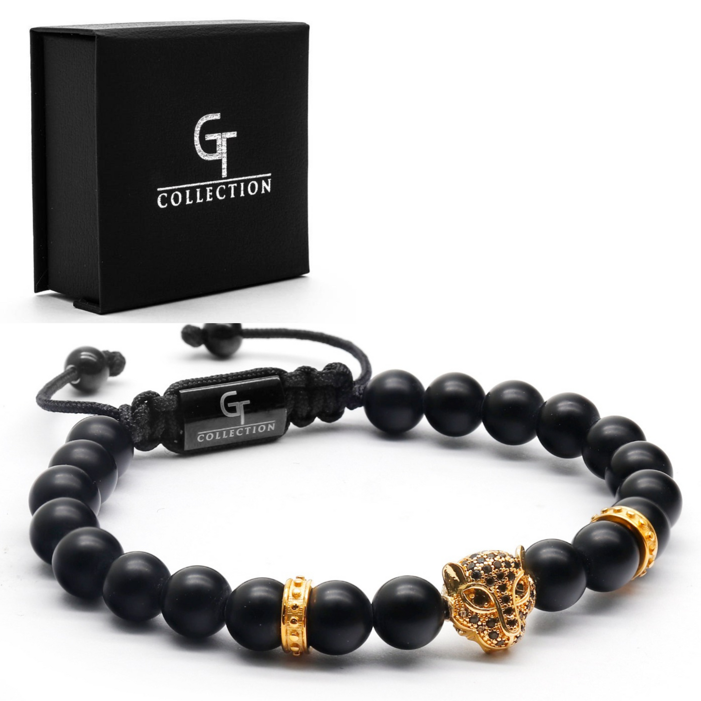 Men's BLACK ONYX Bracelet With Golden LEOPARD Head - One Size Fits All