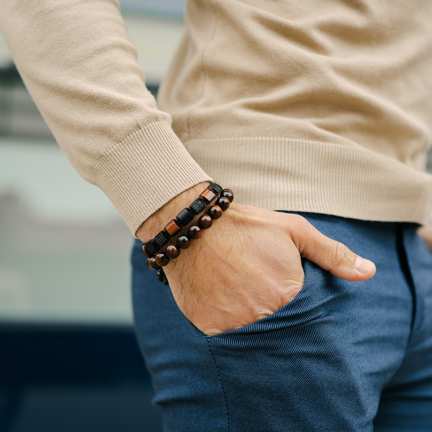 Herren-Armband mit flachem Perlenarmband aus ROTEM TIGERAUGE, MATTE ONYX – Einheitsgröße