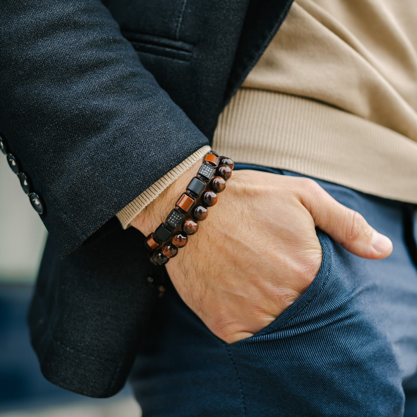 2-TEILIGES SET – Herren-Armband „ROTES TIGERAUGE“ mit Einzelperlen und Flachperlenarmband