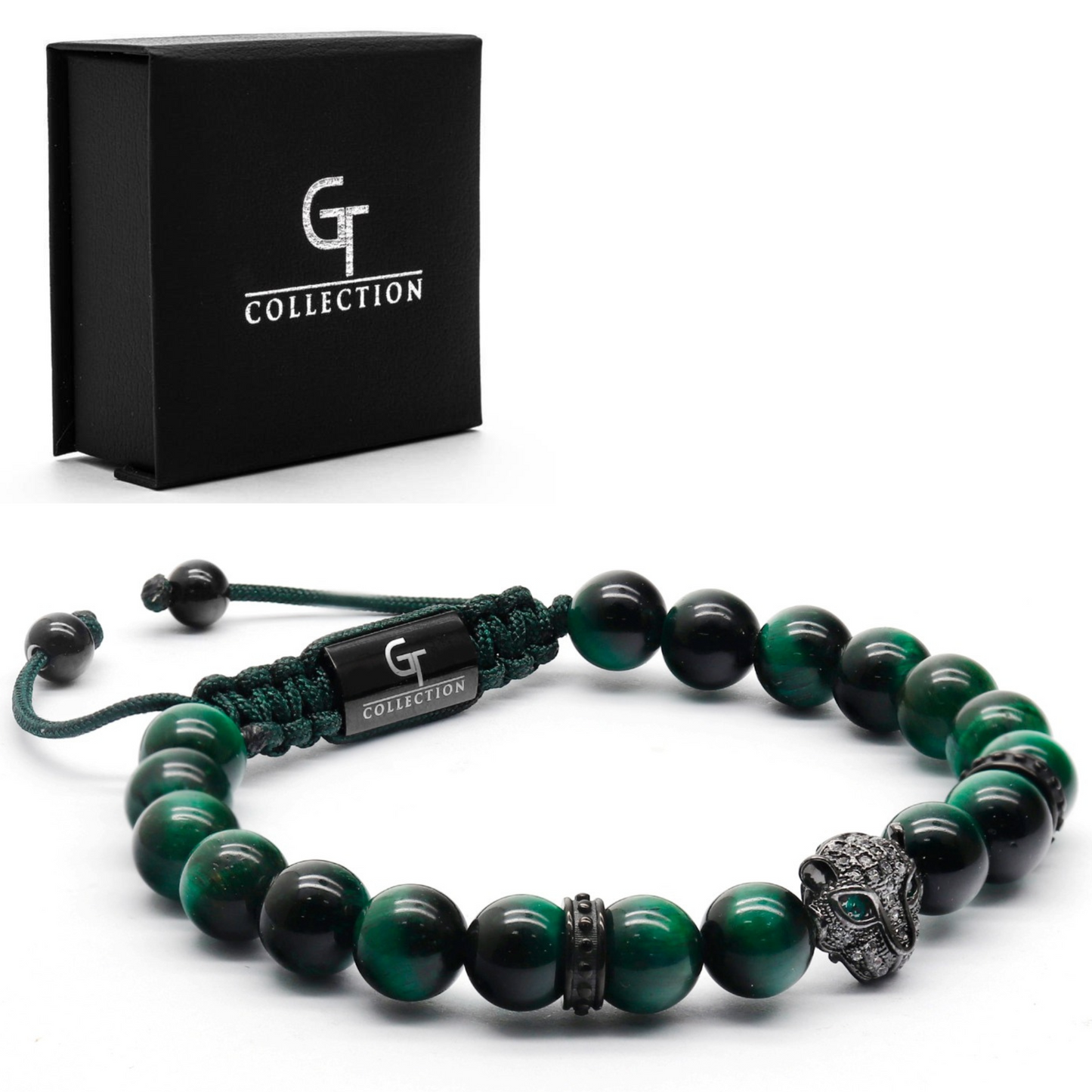 Men's GREEN TIGER EYE Bracelet With Black LEOPARD Head - One Size Fits All