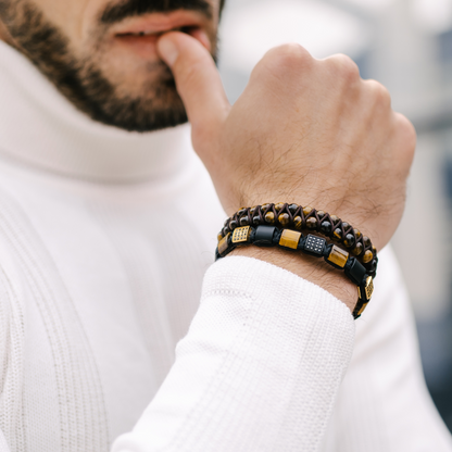 Herren-Armband mit TIGERAUGE, MATTE ONYX, flache Perlen – Einheitsgröße