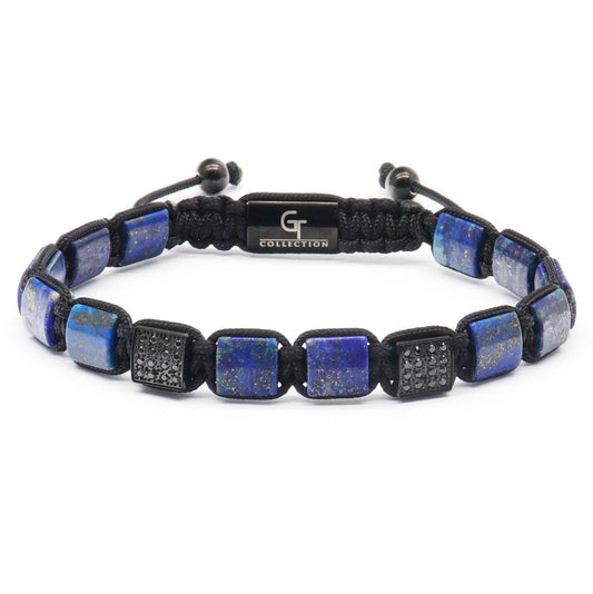 Bracelet - LAPIS LAZULI Flatbead Bracelet For Men - Blue Stones & Black CZ Bead