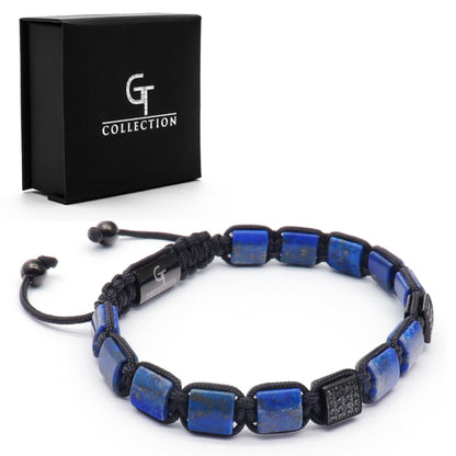 Bracelet - LAPIS LAZULI Flatbead Bracelet For Men - Blue Stones & Black CZ Bead