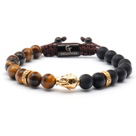 Bracelet - Men's Gold Buddha Bead Bracelet With TIGER EYE And ONYX Stone