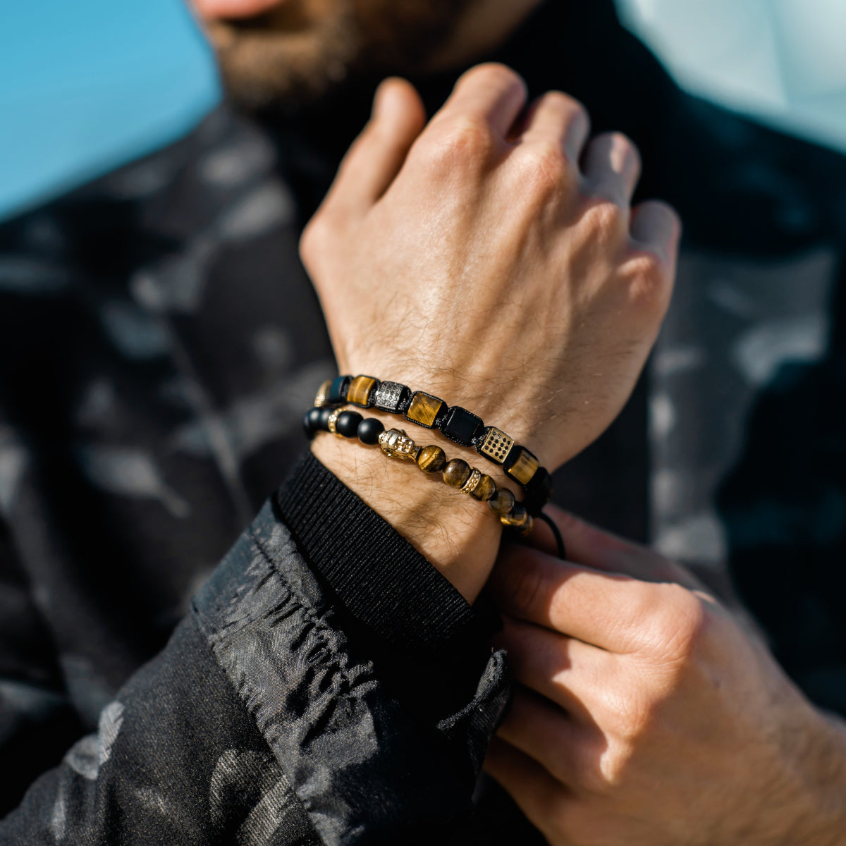 Men's Golden Buddha Bead Bracelet with TIGER EYE and ONYX Stone
