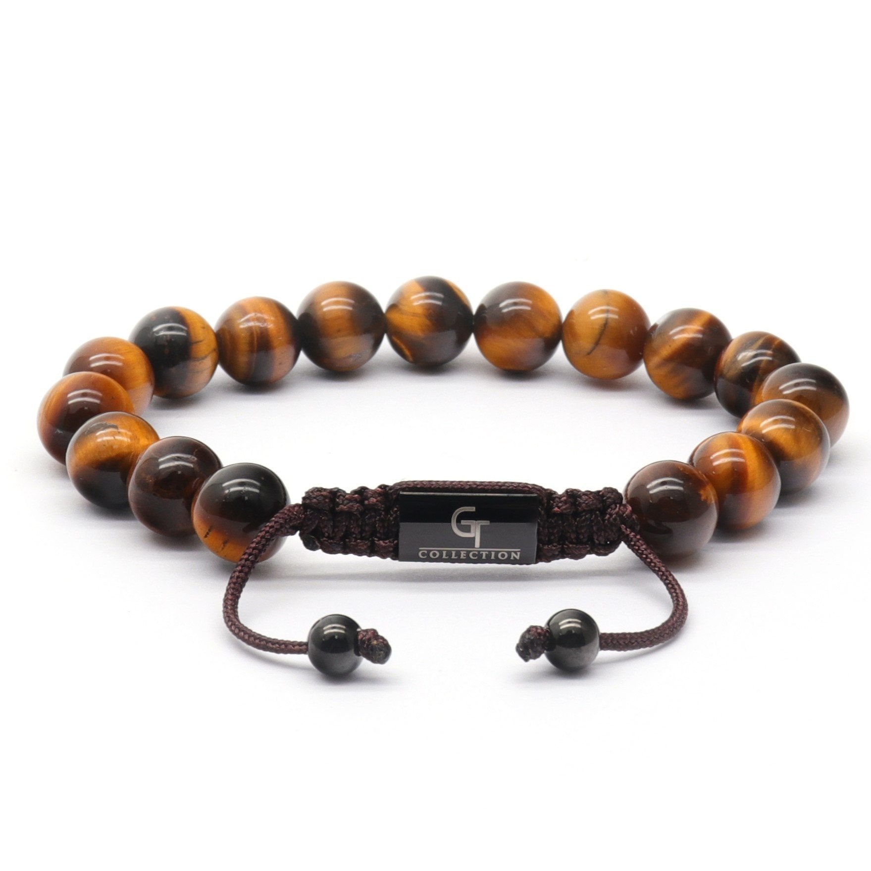 Black leather bracelet with natural tiger eye stones -