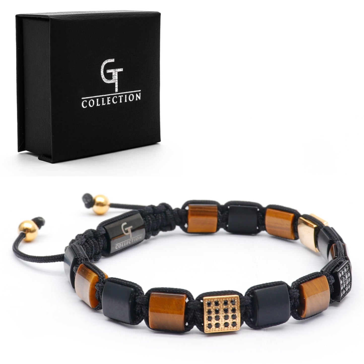 Bracelet - TIGER EYE, BLACK ONYX Flatbead Bracelet For Men - Brown & Black Stones