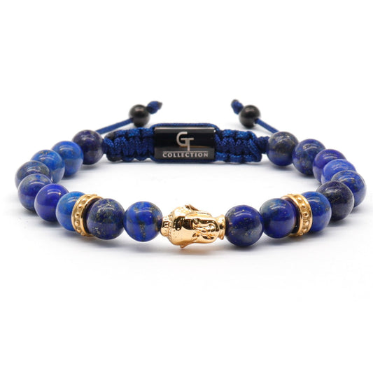Bracelets - Men's Gold Buddha Bead Bracelet With LAPIS LAZULI Stone