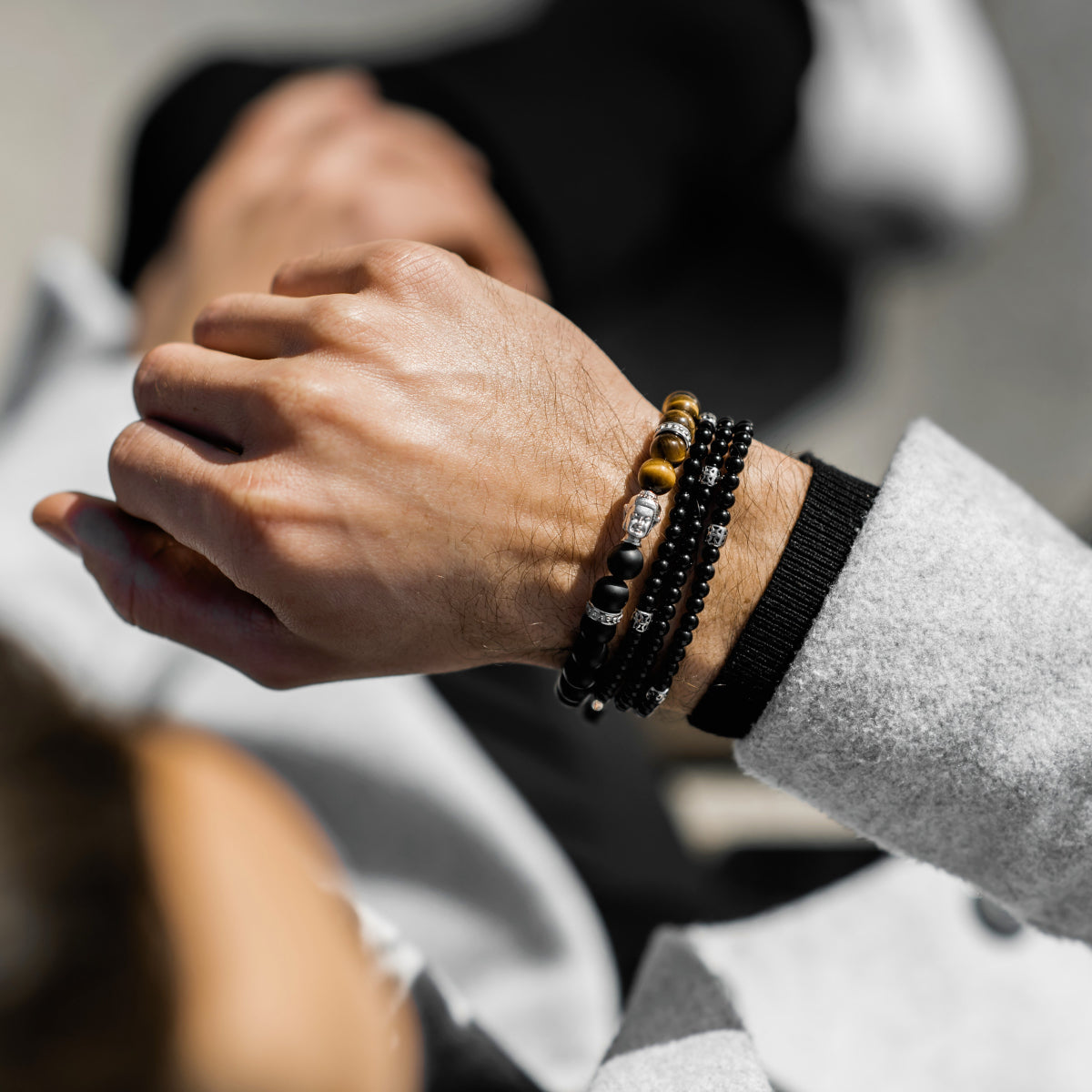 Pulsera de cuentas de Buda plateada para hombre con OJO DE TIGRE y piedra ÓNIX - Talla única Imagen secundaria del producto