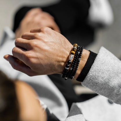 Bracelets - Men's Silver Buddha Bead Bracelet With TIGER EYE And ONYX Stone