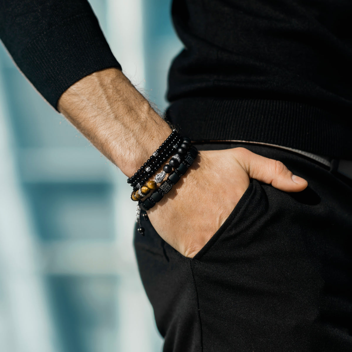 Bracelets - Men's Silver Buddha Bead Bracelet With TIGER EYE And ONYX Stone