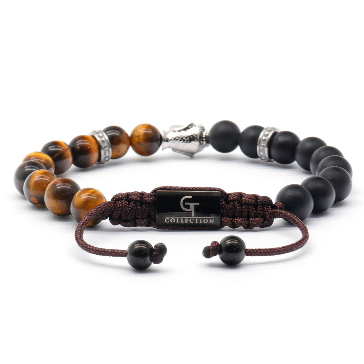 Bracelets - Men's Silver Buddha Bead Bracelet With TIGER EYE And ONYX Stone