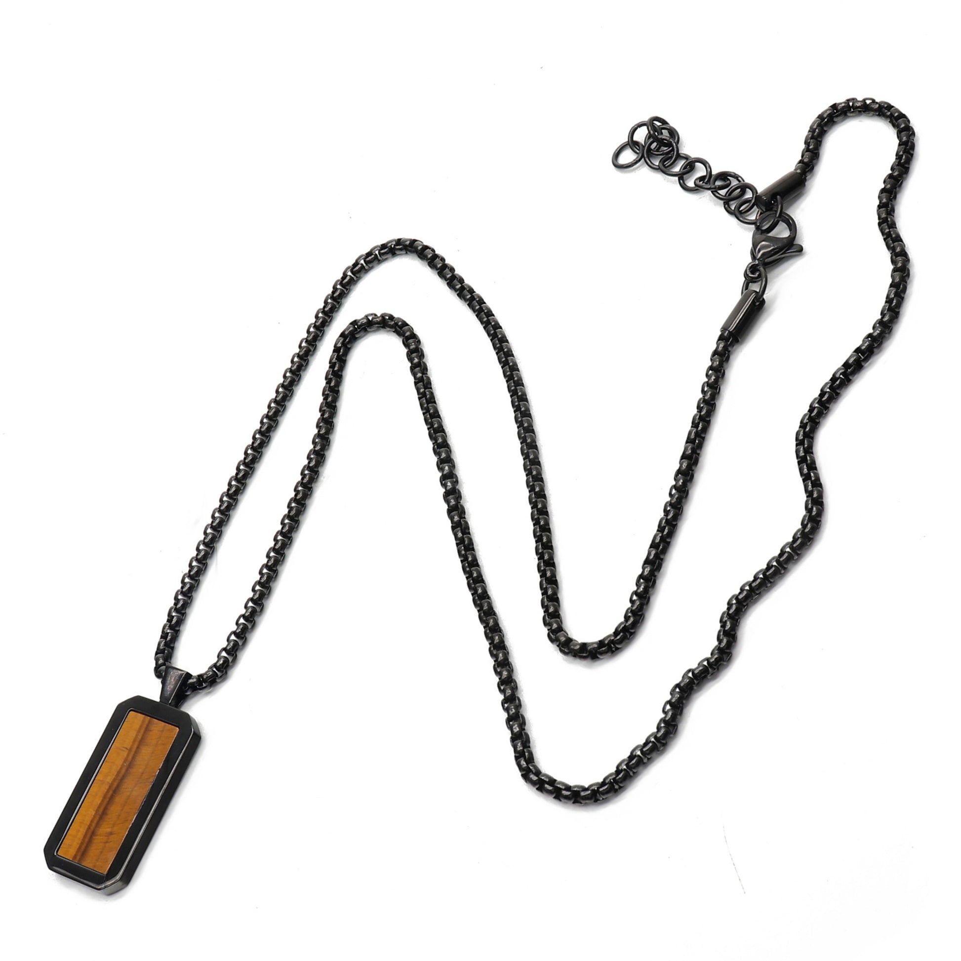 Necklaces - Black Necklace With Rectangle Tiger Eye Pendant