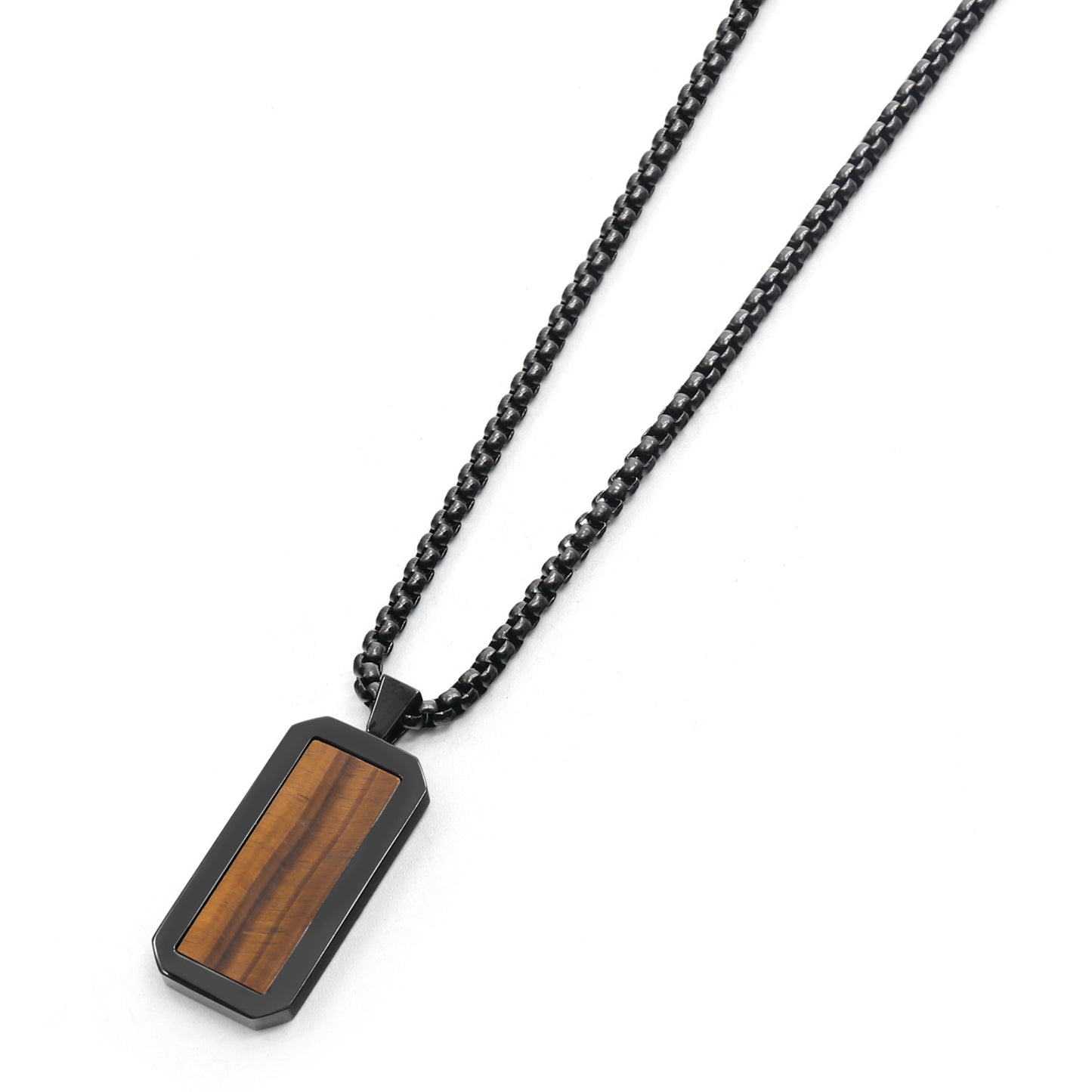Necklaces - Black Necklace With Rectangle Tiger Eye Pendant